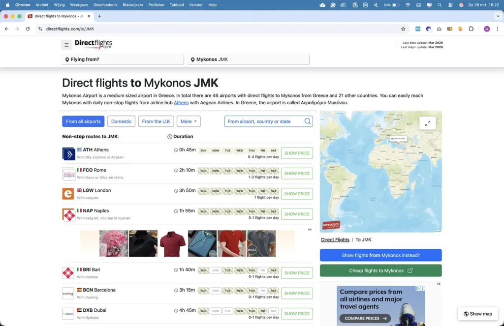 Overzicht van directe vluchten naar Mykonos via Directflights om snel goedkope vluchten te vinden zonder tussenstop