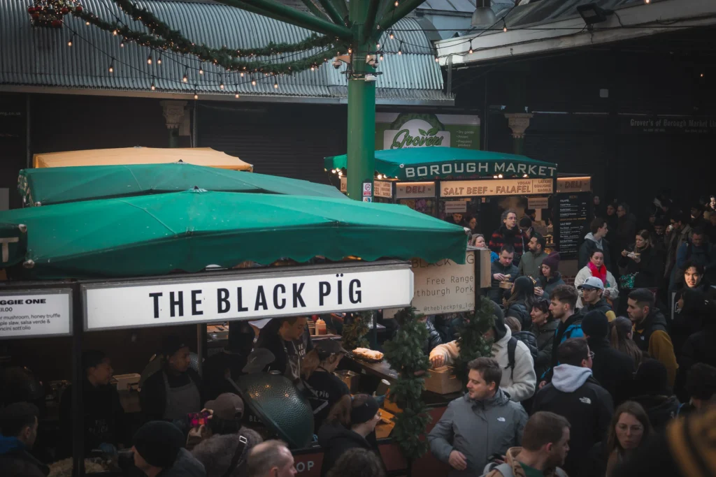 Streetfoodkraam Black Pig in borough market. De plaats om te eten in londen