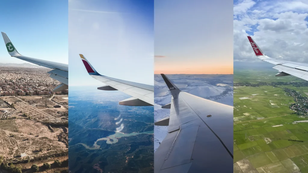 Uitzicht uit een vliegtuigraam op verschillende landschappen tijdens het reizen