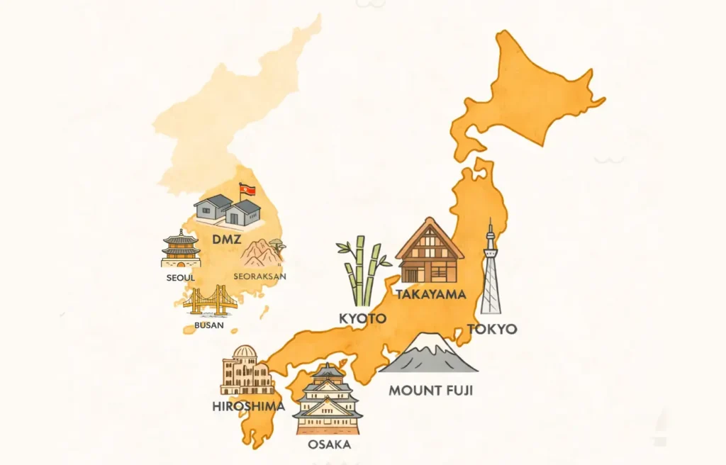 Kaartje met reisroute van reis door Zuid-Korea en Japan 30 Days Off