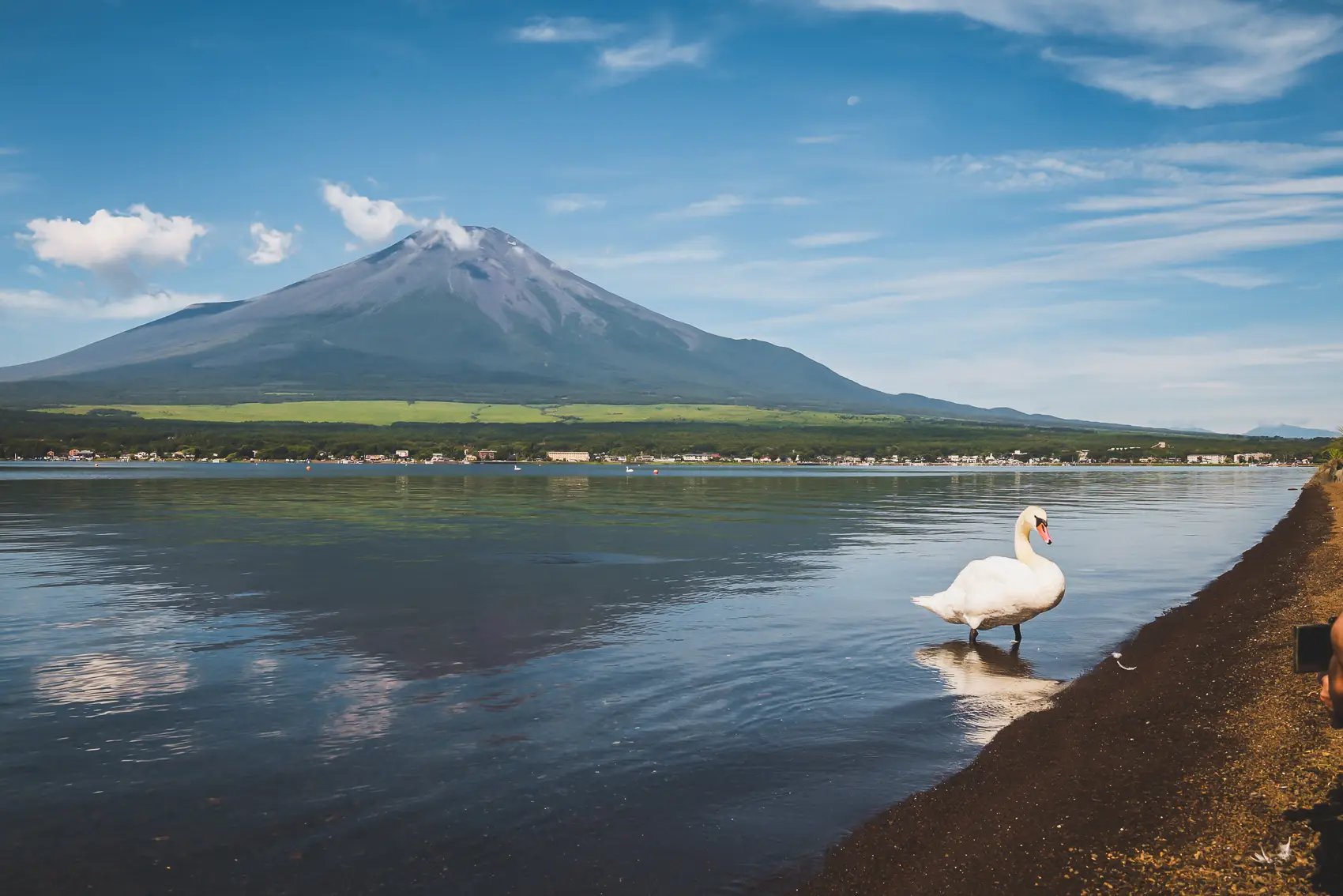 Lake Yamanaka met Fuji en zwaan als extra viewpoint naast de Mount Fuji fietsroute