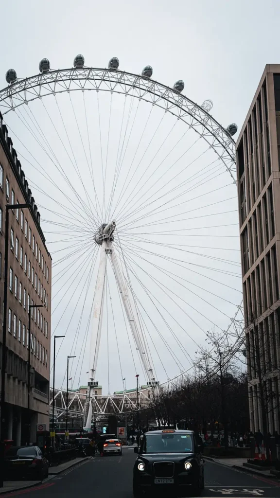 London Eye gefotografeerd uit de richting van Waterloo station richting Thames