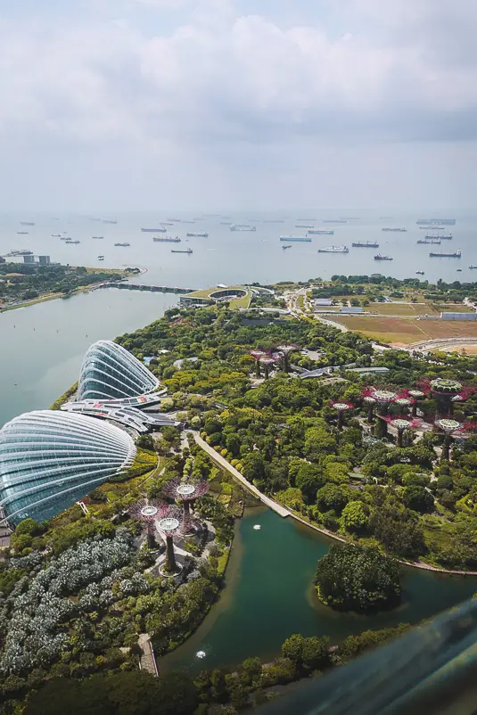 Uitzicht vanaf Marina Bay Sands SkyPark over Gardens by the Bay en de haven tijdens een Singapore layover.