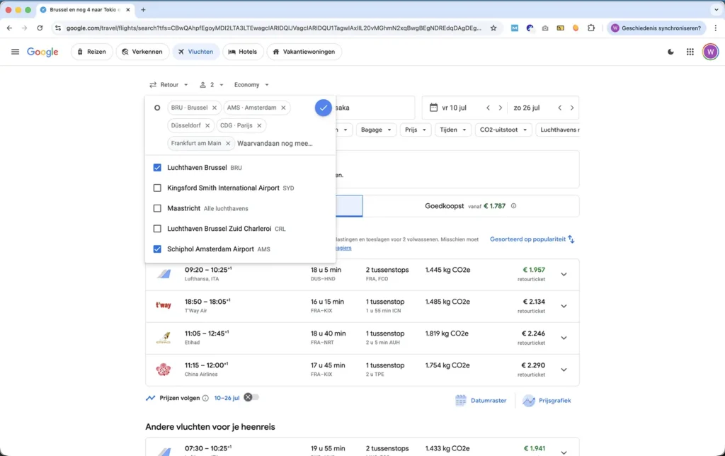 Google Flights overzicht met meerdere luchthavens geselecteerd om de goedkoopste vluchtopties te vinden