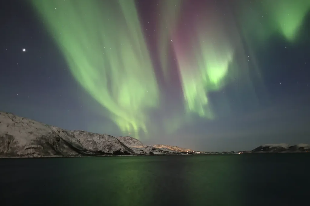 Fotograferen noorderlicht boven een fjord met groene en paarse aurora boven besneeuwde bergen