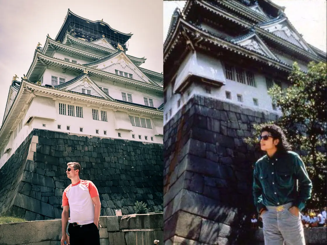 Vergelijking van twee foto's aan Osaka Castle: links een reiziger die een bekende pose nabootst, rechts het originele beeld dat de scène inspireerde.
