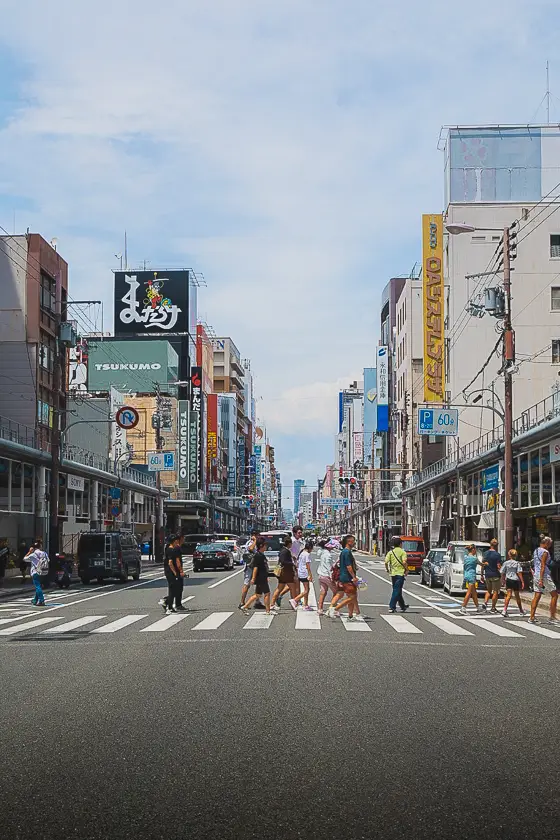 Drukke straat in Denden Town in Osaka met wandelaars op een zebrapad tussen elektronische winkels en kleurrijke borden.