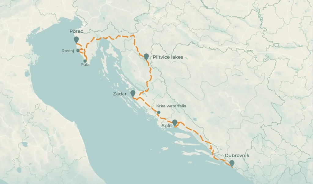 Kaart met de route langs Dubrovnik, Split, Zadar, Plitvice en Istrië