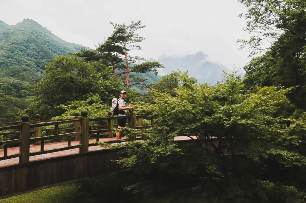Wandelbrug in de groene vallei van Seoraksan National Park
