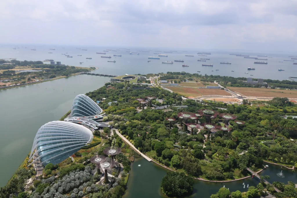 Skyline zicht op Singapore vanaf Sky Deck Marina Bay Sands met zicht op Gardens by the Bay en Cloud Forest