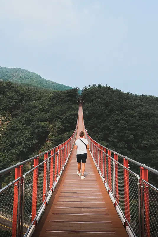 Reiziger wandelt over de hangbrug midden in de groene bergen tijdens de DMZ-tour vanuit Seoul