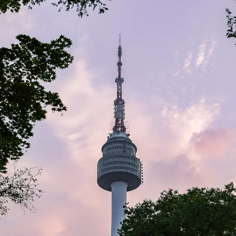 N Seoul Tower in Seoul gefotografeerd bij zonsondergang omringd door bomen