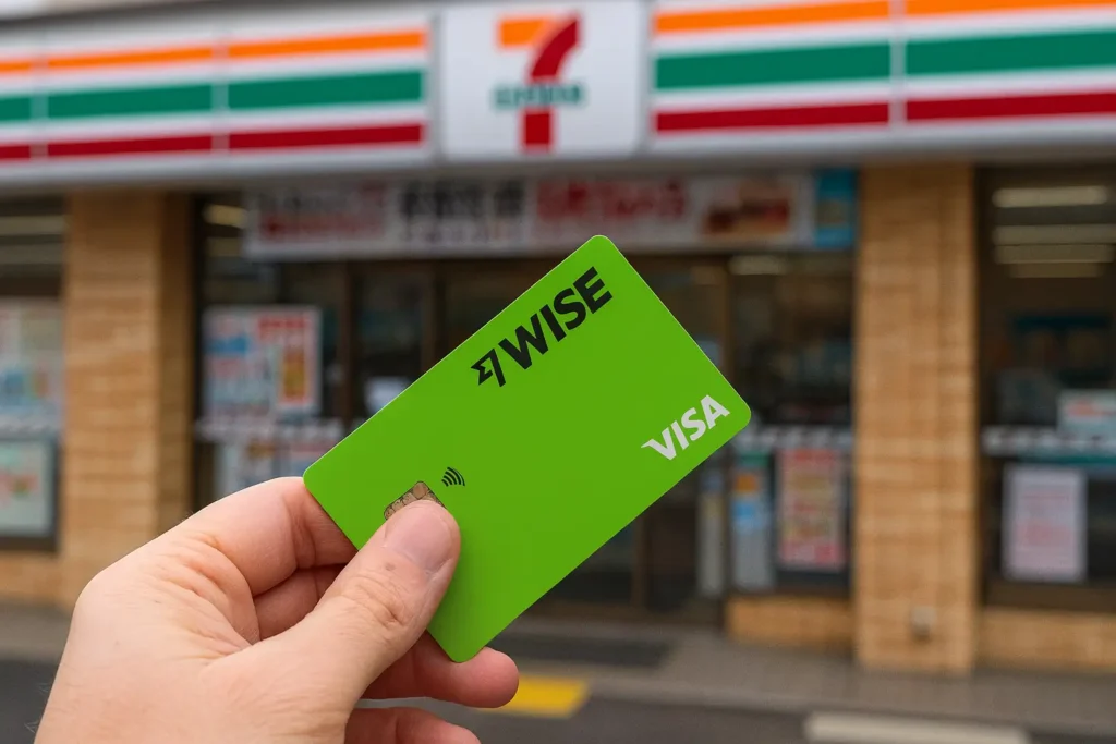 Hand die een Wise kaart vasthoudt voor een 7-Eleven, ideaal om kosten te besparen op reis met de Wise kaart